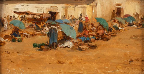 Marché hongrois avec parapluies bleus