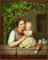 Mère avec enfant et deux colombes