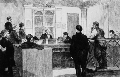 Salle du tribunal de police de Bow Street à Londres en 1884 (gravure)