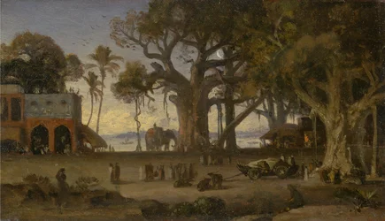 Scène au clair de lune avec des figures indiennes et des éléphants parmi les banians, Haute Inde (probablement Lucknow)