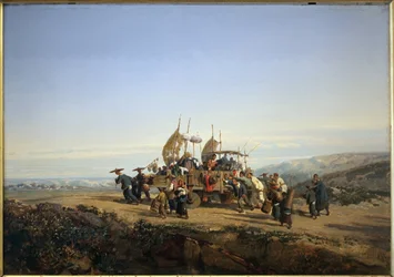 Voyageurs utilisant un chariot avec des voiles et tiré par des hommes. Peinture par Auguste Borget
