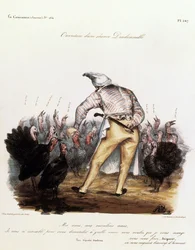Louis Philippe avec un bonnet de nuit sur la tête, entouré de dindes