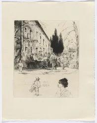 Frédéric Mistral : Mémoires et Récits de Frédéric Mistral : personnages à une table en plein air/ homme jouant du tambour et buste de femme (insérer après p. 136)