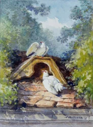 Les deux pigeons aquarelle par Auguste Delierre (1829-1891) pour la fable de Jean de La Fontaine (19ème siècle). Château-Thierry. Musée La Fontaine