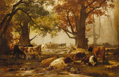 Bétail dans un paysage fluvial boisé