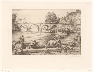 Vue du Pont Marie avec des figures dans la Seine