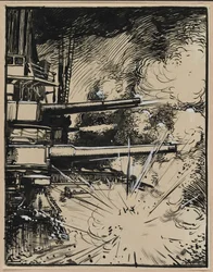 Bombe explosant sur un cuirassé aux canons braqués, 1914