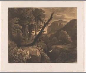 Paysage de montagne avec un oiseau volant à travers un ravin (Dix eaux-fortes par A. Numans) (Visions par Auguste Numans d