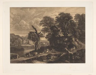 Paysage avec animaux et figures sur un chemin le long d