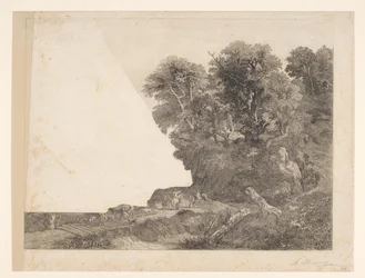 Paysage avec animaux et personnages sur un chemin le long d