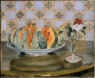 Nature morte avec melon et vase de fleurs