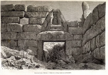 Porte des Lions à Mycènes - dessin par A. Deroy, dans "Le Tour du Monde" 1877 2e semestre