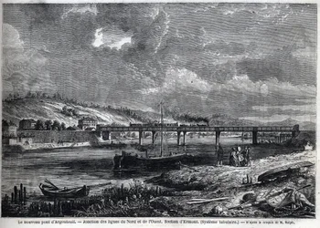 Le nouveau Pont à Argenteuil. Jonction des lignes Nord et Ouest. Section Ermont (système tubulaire). Gravure d