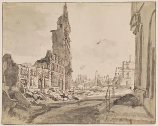 Vue des coins nord-est et nord-ouest de la Grand Place après le bombardement de 1695