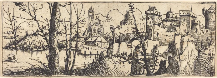 Paysage avec château à droite, entouré de rochers