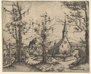 Paysage avec quatre arbres et une église à droite, 1545