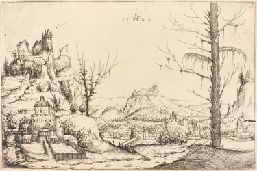 Paysage avec hautes falaises, rivière et ville, 1546