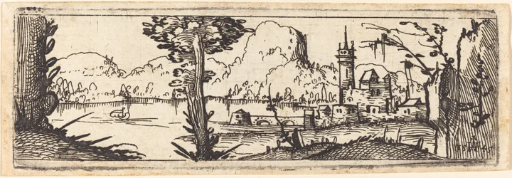 Paysage avec lac et ville