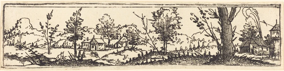 Paysage avec six arbres isolés et trois petites fermes
