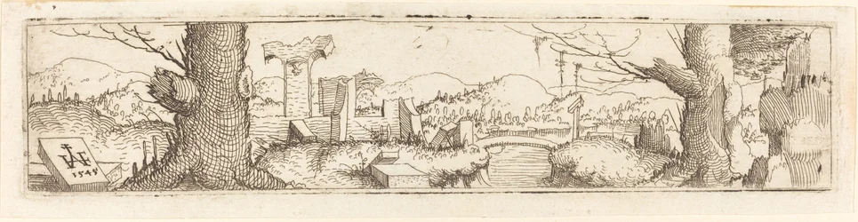 Paysage avec un ruisseau et des ruines