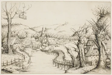 Paysage avec un pont en bois courbé