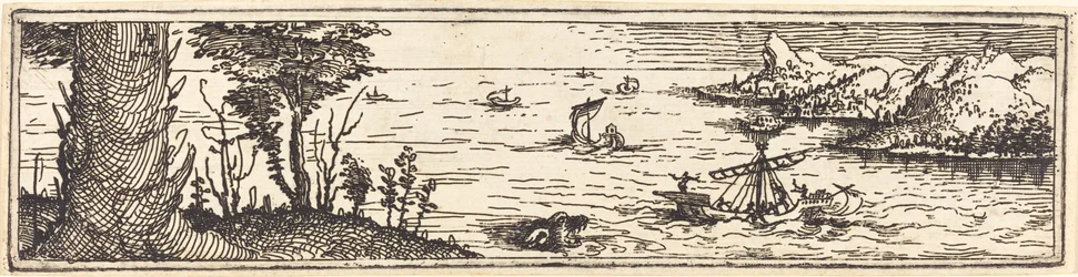 Paysage avec un lac et des voiliers