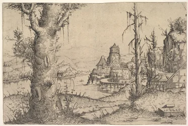 Paysage fluvial avec grand arbre à gauche, 1546