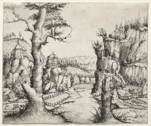 Paysage fluvial avec des rochers à gauche et à droite