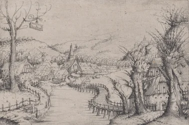 Paysage fluvial avec trois saules dénudés à droite et un long pont en bois sinueux