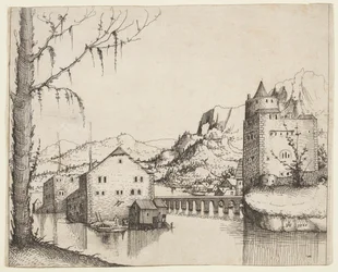 Paysage fluvial avec deux bâtiments reliés par un pont