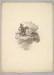 Vignette avec pièce de monnaie sur un nuage avec des roses à gauche et des colombes en dessous et à droite