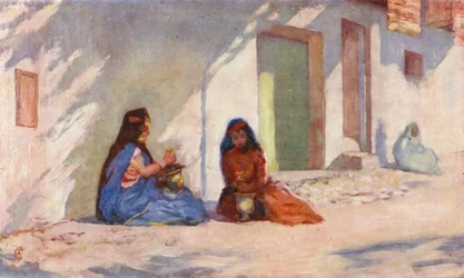 Biskra, Oulid-Nail Femmes faisant la toilette au henné (lithographie couleur)