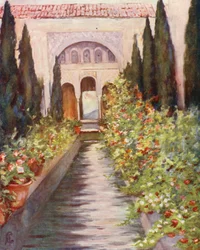 Le canal dans le jardin du Generalife, Grenade (lithographie couleur)