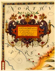 Cartouche par A. Ryther sur la carte de Saxton de Durham, 1576