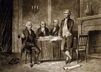 Dirigeants du Congrès continental 1775 : John Adams, Robert Morris, Alexander Hamilton, Thomas Jefferson, dessin d