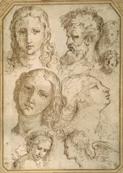Études de têtes : une femme, un ange, un jeune homme et un homme barbu