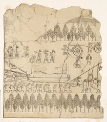 Assyriens déplaçant un taureau ailé sur un traîneau (Kouyunjik), des Monuments de Ninive, pub. 1849