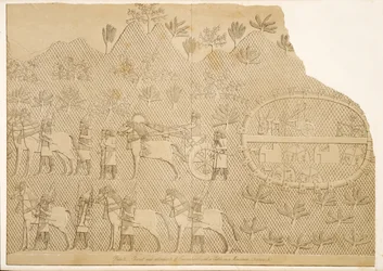 Char et assistants de Sennachérib et un château sur une montagne (Kouyunjik), des Monuments de Ninive, pub. 1849