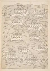Ennemis des Assyriens se réfugiant dans des navires (Kouyunlik), des Monuments de Ninive, pub. 1849