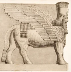 Taureau à tête humaine et figure ailée d