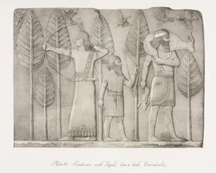 Monuments de Ninive : Planche 32, Chasseurs avec gazelle, lièvre et oiseaux Khorsabad