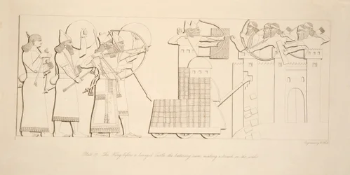 Le roi devant un château assiégé, le bélier faisant une brèche dans les murs, des Monuments de Ninive, pub. 1849