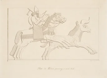 Guerrier poursuivant un taureau sauvage, des Monuments de Ninive, pub. 1849