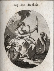 Allégorie de la méchanceté. Elle semble heureuse avec un aspic et un poignard. Ses attributs sont le serpent à visage humain symbolisant la fraude, le singe emblème de la malice, et l