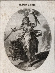 Allégorie de la colère représentée dans une attitude agitée, les yeux bandés, une épée et une torche dans les mains. Elle est vêtue de peau d