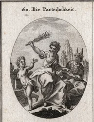Allégorie du biais. Elle foule des échelles sous ses pieds et donne une récompense à un génie richement vêtu mais dont l