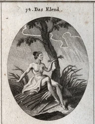 Allégorie de la calamité. Elle est assise sur des brises dont la fragilité est l