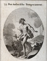 Allégorie du tempérament colérique. Il tient une épée pour attaquer et vient de jeter son bouclier oubliant de se défendre. Son attribut est un lion menaçant. Gravure dans « Iconologie oder Ideen aus dem Gebiete der Leidenschaften und Allegorien bildlich d