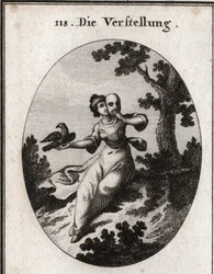 Allégorie de la dissimulation. Elle couvre son visage avec un masque, emblème du faux. Son attribut est une pie, à la fois blanche et noire, et ses caresses sont mêlées de becs. Gravure dans « Iconologie oder Ideen aus dem Gebiete der Leidenschaften und Al