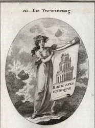 Allégorie de la confusion tenant un dessin représentant la tour de Babel avec ce mot « Babylonia Undique ». L